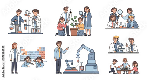 Diverse group of scientists and students engaged in various scientific experiments and learning.