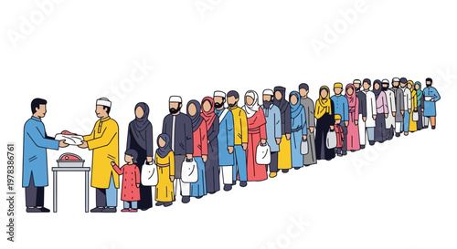 A long queue of people dressed in traditional clothing waiting in line for charitable food distribution provided by volunteers in a community event