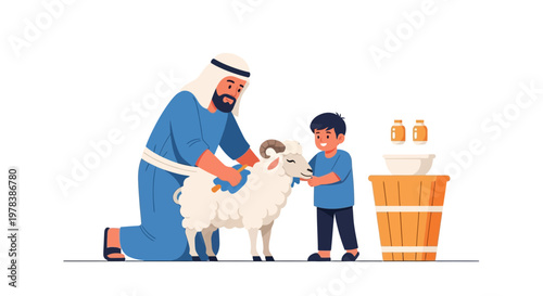 Middle Eastern man and young boy preparing a sacrificial goat for traditional religious observance ceremony on a white isolated background surface