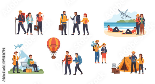 Diverse group of travelers enjoying various vacation activities and destinations