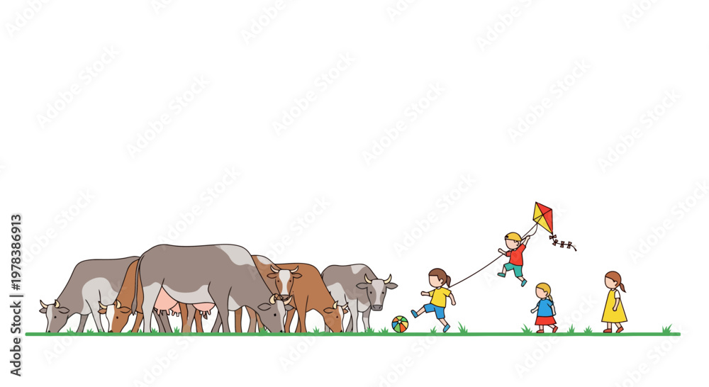 Naklejka premium Happy Children Playing With A Kite And A Ball In The Meadow Beside A Herd Of Grazing Cows On A Sunny Day In The Rural Countryside Pasture Land