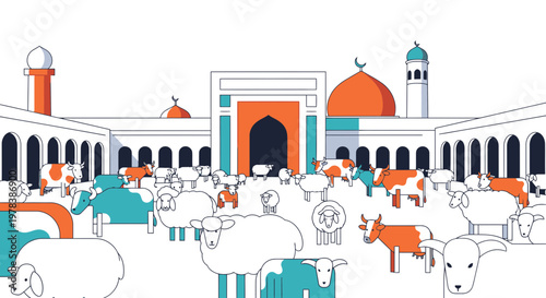 Group of livestock including sheep and cattle gathered in front of a traditional architectural building complex with domes and arched entrances