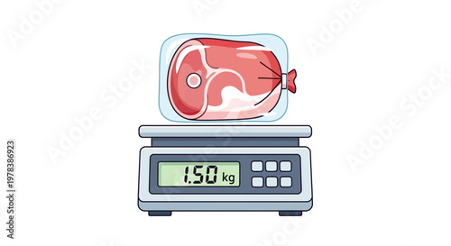 Fresh Raw Pork Meat Piece Wrapped In Plastic Packaging Being Weighed On A Digital Scale Showing One Point Five Kilograms Of Food Product Weight