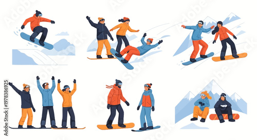 Diverse Group Snowboarding Fun: Action, Friends, Winter Sports, Mountain Scenery