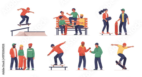 Diverse Group Skateboarding and Relaxing in Urban Park, Active Lifestyle