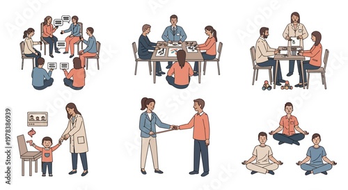 Diverse group therapy sessions, counseling, and mindfulness exercises.