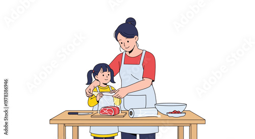 A caring mother and her small daughter wearing aprons working together in the kitchen while preparing fresh raw meat on a wooden table at home