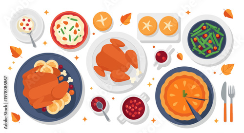 Top view of traditional autumn harvest feast with roasted turkey pumpkin pie and various vegetable side dishes on a festive wooden dining table setup