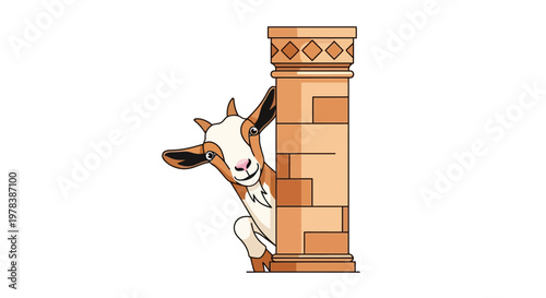 Cartoon cow peeking from behind an ancient stone pillar with decorative top, in a playful and humorous rustic farm scene with a comical character.