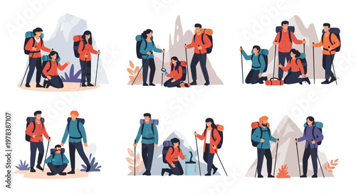 Diverse hikers trekking mountains, teamwork, adventure, outdoor activity, exploring nature