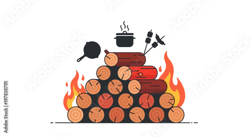 A vibrant cartoon-style illustration of a campfire cooking scene with logs, flames, pot, pan, and skewers on a white background, evoking outdoor adventure and rustic cooking.