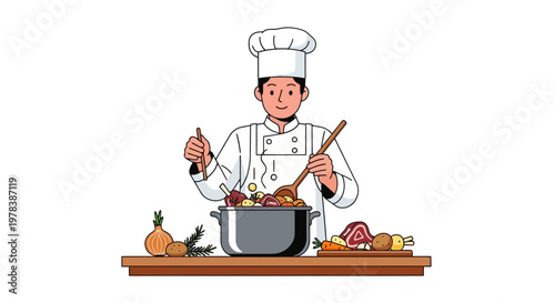 Smiling chef stirring vegetables in a pot on a wooden counter with ingredients around, colorful cartoon style, kitchen context, cooking scene