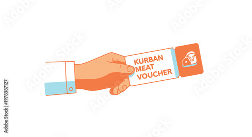 Flat design hand holding Kurban meat voucher card with orange and blue colors, minimalistic modern style, charity concept, donation, generosity, kindness, helping others, Islam, Eid al-Adha 