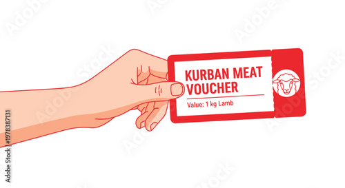 Flat design hand holding Kurban meat voucher card with red color and white background, minimalistic style, food assistance context, Eid al-Adha charity concept