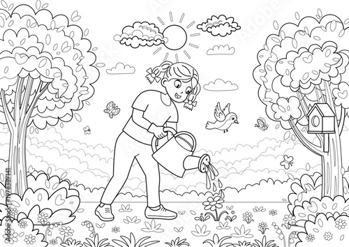 Coloring page with girl watering flowers, gardening and nature care concept, outline illustration