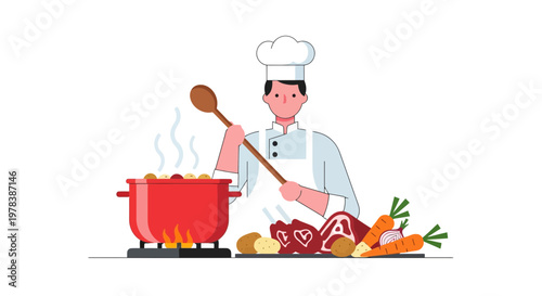 A cheerful cartoon chef cooking with a large wooden spoon in a red pot surrounded by fresh vegetables on a kitchen countertop in a modern flat color style
