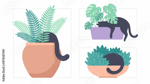 Playful black cats hiding and relaxing among potted house plants illustration