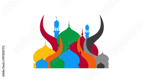 Vibrant colorful mosque architecture with multiple domes and minarets in abstract artistic style on white background for Islamic cultural concept