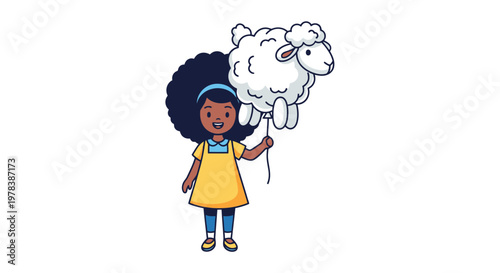 A young African American girl in a yellow dress and blue headband smiling and holding a cute white sheep floating in mid-air in a flat colorful cartoon style on a white background