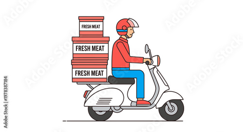 Delivery rider on scooter transporting fresh meat boxes, modern line art style, food delivery context, fast food transportation