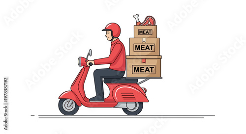A delivery person riding a red scooter with boxes of meat on the back, in a modern flat design style, on a white background.