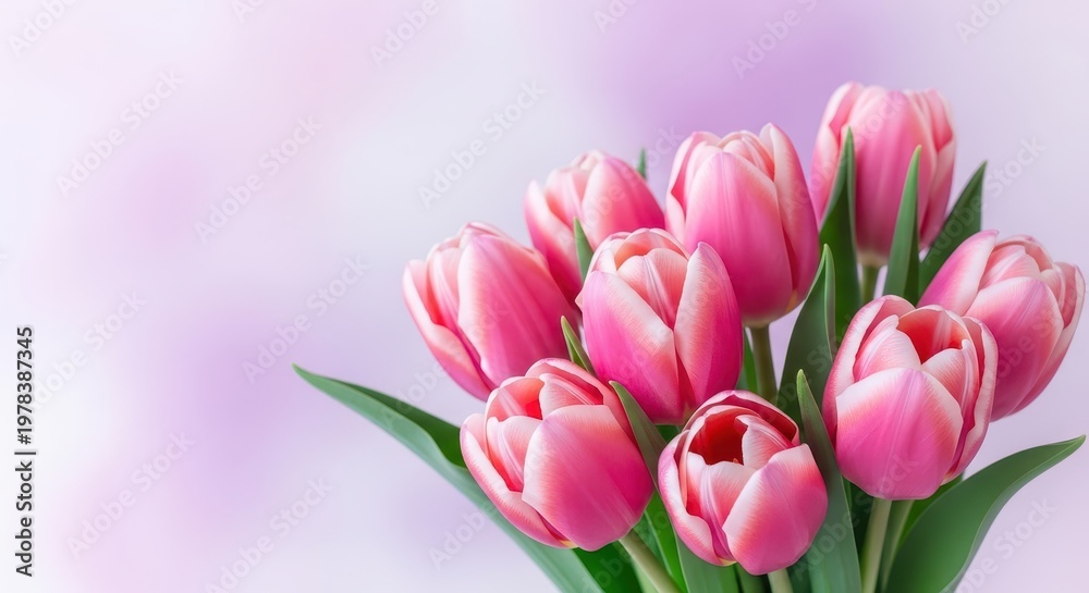 Fototapeta premium Soft pink tulips fresh blooms green stems white background close up view flowers petals