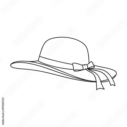Elegant Wide Brim Hat with Ribbon Minimal Line Art Illustration