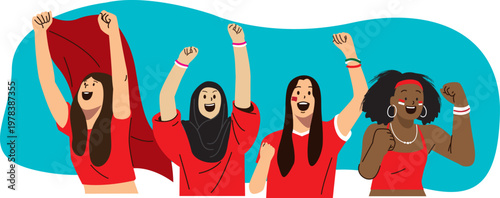 Energetic female fans in red uniforms cheering and supporting their team enthusiastically.