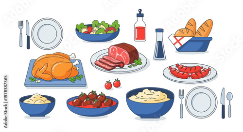 Traditional holiday meal with roasted turkey, ham, mashed potatoes, vegetables, and desserts, colorful flat illustration, festive table setting, Thanksgiving or Christmas dinner
