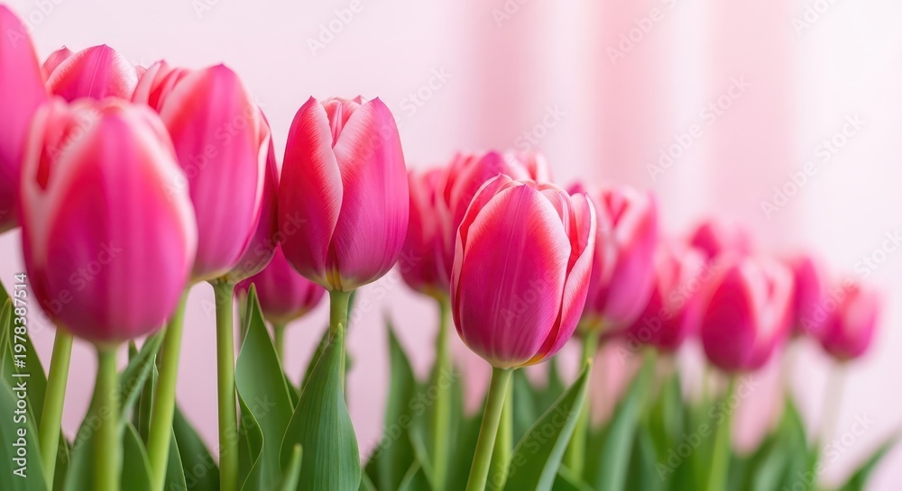 Fototapeta premium Soft focus row of blooming pink tulips with green stems and leaves in bright light flowers petals
