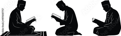 Muslim man reading Quran silhouettes, Islamic prayer and devotion, spiritual worship, religious practice, faith lifestyle, Ramadan concept, peaceful meditation illustration