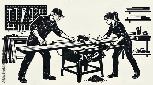 Crafting Together: A detailed illustration showing two skilled workers meticulously operating a saw, highlighting teamwork in a workshop setting. 