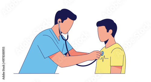 Male doctor in blue scrubs using stethoscope on male patient in yellow shirt, minimalist flat design, medical consultation, health checkup, doctor-patient interaction