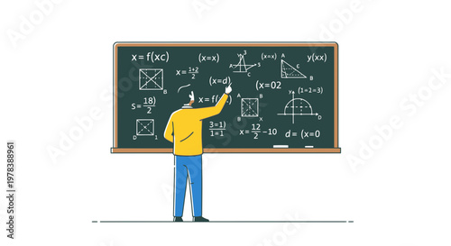 A cartoon-style male teacher in a yellow shirt and blue pants writing complex mathematical equations on a large green chalkboard with white chalk in a classroom setting with educational them
