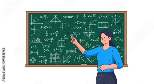 Female teacher in blue shirt explaining math concepts on chalkboard with various geometric shapes and equations in a cartoon style within an educational context