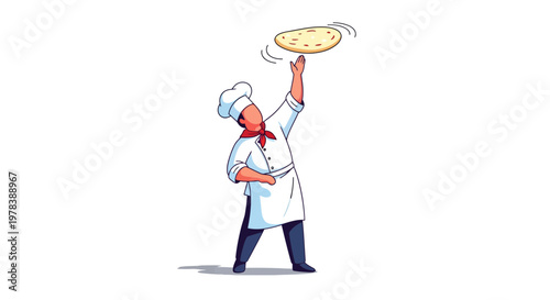 A cartoon chef tossing a steaming hot pizza upwards in a playful action, rendered in a colorful and stylized artistic style, in a kitchen context, with a white background.