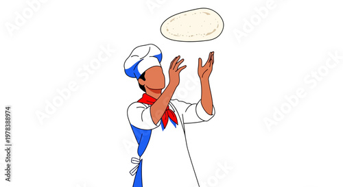 Cartoon pizza chef tossing dough in air with hands, playful culinary action in colorful comic book style with vibrant colors and bold lines in a kitchen context