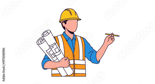 Construction worker in yellow hard hat and orange vest holding rolled up blueprints and pencil, minimalistic flat design, business professional occupation concept