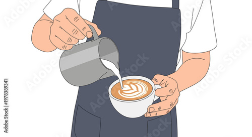 Barista pouring steamed milk to create latte art pattern in a ceramic cup while wearing a professional apron inside a modern coffee shop environment