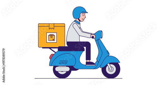 Delivery courier riding a blue motorized scooter transporting a parcel package to a customer in the city for efficient logistics service operation