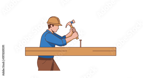 Construction worker wearing protective helmet pounding a metal nail into a wooden board using a manual steel claw hammer for building assembly