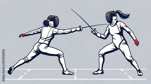 Duel of Precision: Two skilled fencers engage in a tense match, their focused expressions and graceful movements highlighting the elegance and precision of the sport.