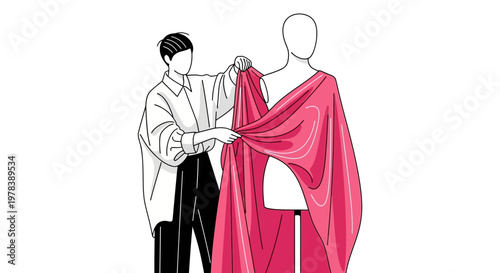 Fashion Designer Draping Pink Fabric on a Tailors Dummy for Garment Construction and Custom Clothing Creation Process in a Modern Studio Workshop