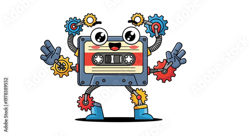 Cute cartoon cassette tape character with gears for arms and legs, depicted as a playful robot with a smiling face and big eyes