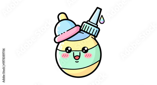 Playful and Whimsical Illustration of a Friendly Eye Dropper Bottle, Ideal for Promoting Gentle Vision Care Solutions and Pediatric Health Concepts with a Sweet Character Design