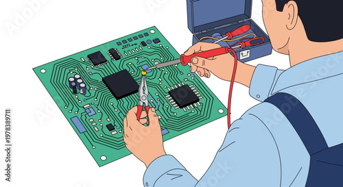 Technician Using A Soldering Iron And Pliers To Repair An Electronic Circuit Board Component Inside A Professional Workshop Repair Environment