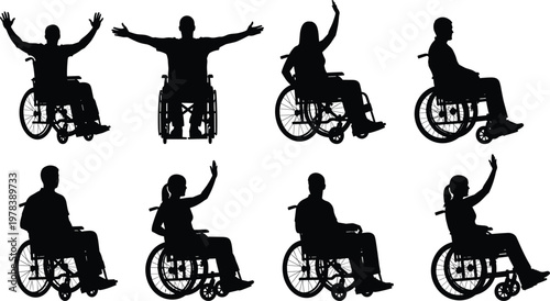 Black, silhouettes, of, disabled, people, in, wheelchairs, waving, hands, raised, success, mobility, inclusion, diversity, accessibility, vector, collection, isolated, white, background,