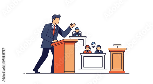 Professional Businessman Delivering An Official Speech Behind A Wooden Podium In A Formal Conference Room Environment With Attentive Audience Members