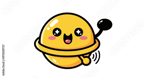 Cute Kawaii Golden Bell Character with a Happy Expression and Waving Arm, Perfect for Festive and Cheerful Designs