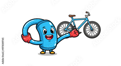Cheerful animated blue water bottle character, wearing red boxing gloves, playfully presenting a bicycle, embodying a fun and energetic approach to fitness and outdoor activities